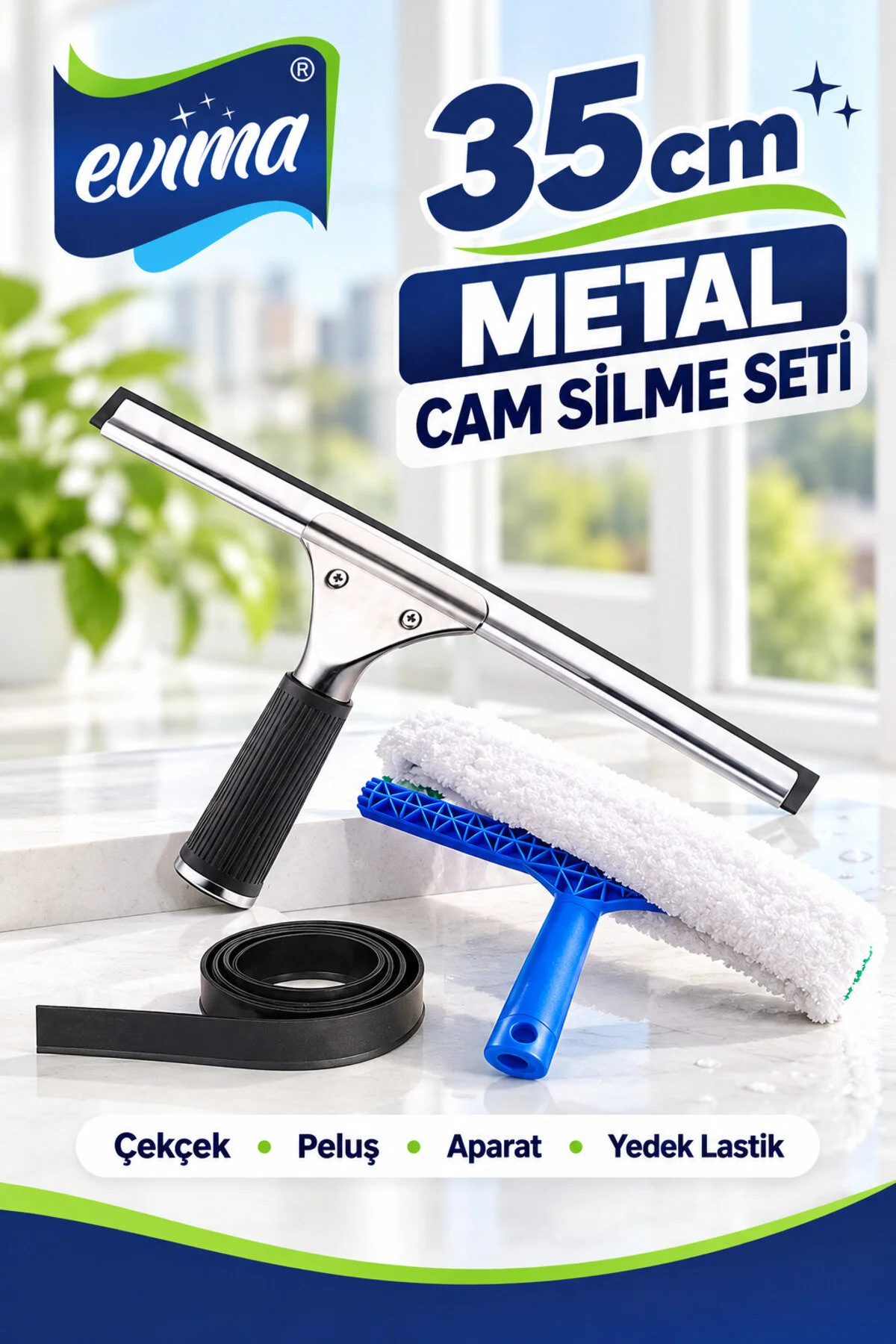 35 cm Metal Cam Silme Seti | Cam Çekçek, Peluş Yıkama Aparatı ve Yedek Lastik