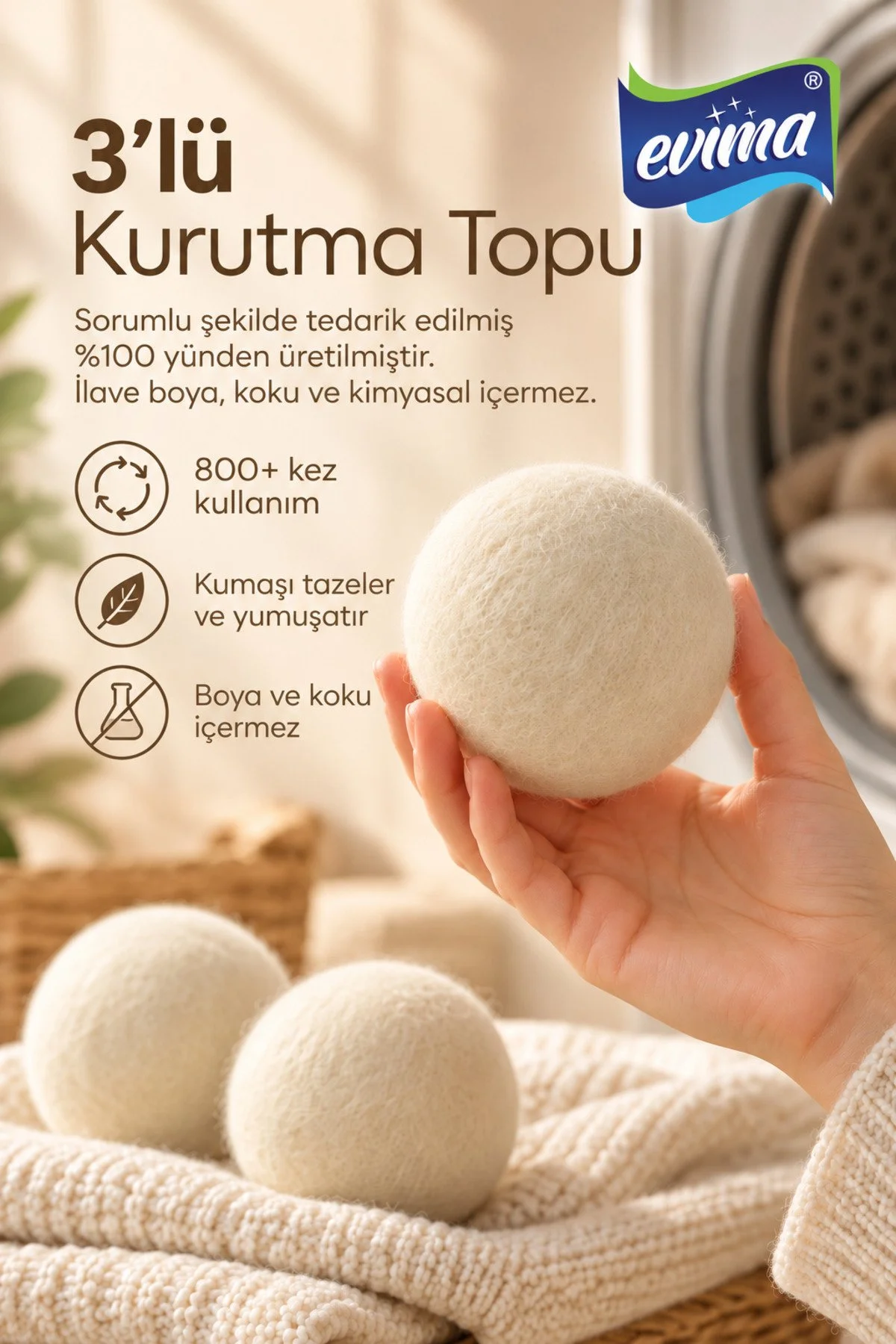 3’lü Yün Kurutma Topu – Kurutma Makinesi Topları, Doğal Çamaşır Yumuşatıcı