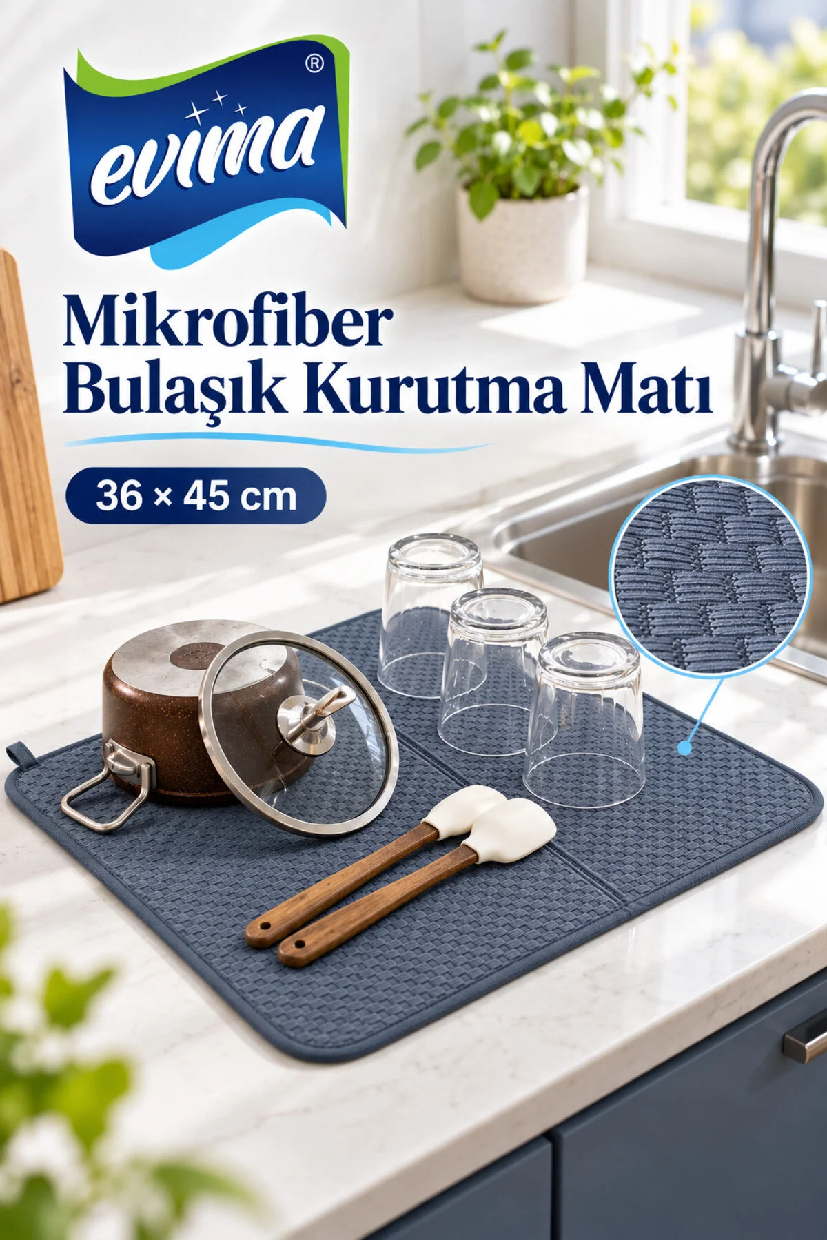 Mikrofiber Bulaşık Altlığı 36x45 cm Gri Su Emici Tezgah Üstü Kurulama Matı