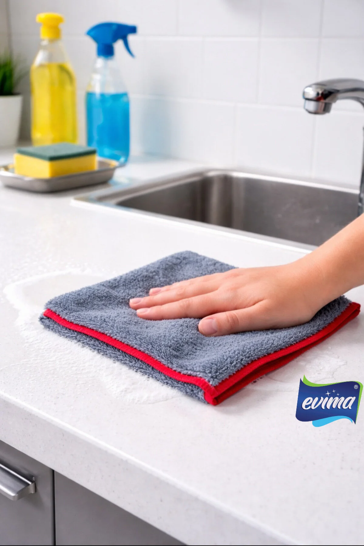 (2 Adet) Mutfak-Banyo ve Genel Temizlik için Güçlü Su Emme Özellikli Kırmızı Dikişli Bez