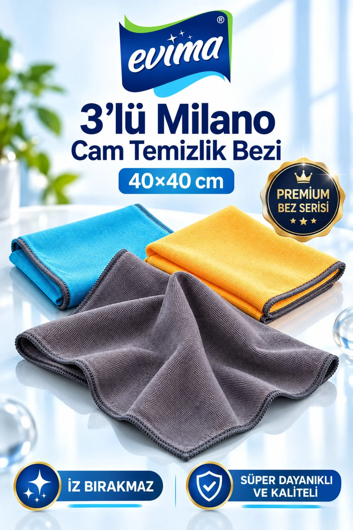 3’lü Milano Cam Temizlik Bezi 40x40 cm İz Bırakmaz Genel Temizlik Mikrofiber Bez