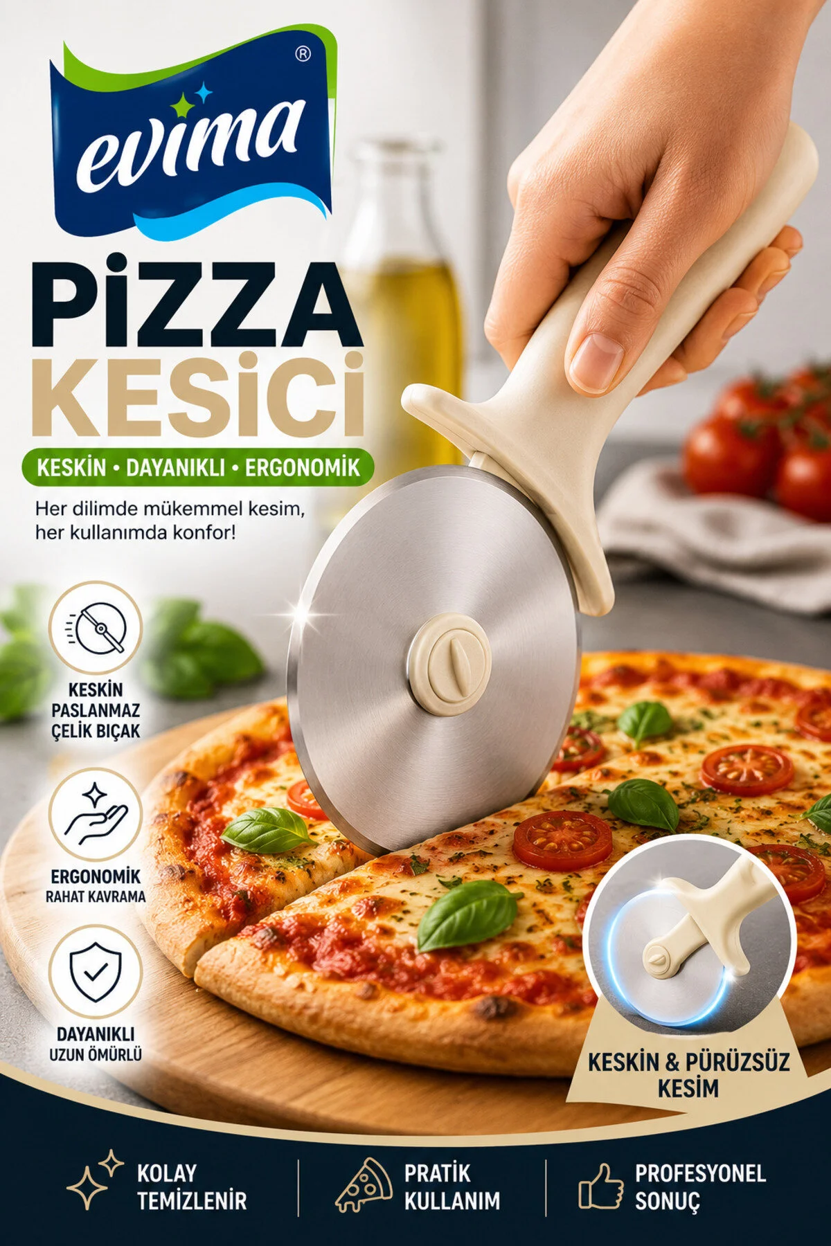 Paslanmaz Çelik Pizza Kesici – Ergonomik Saplı, Koruyucu Kılıflı Profesyonel Pizza Bıçağı