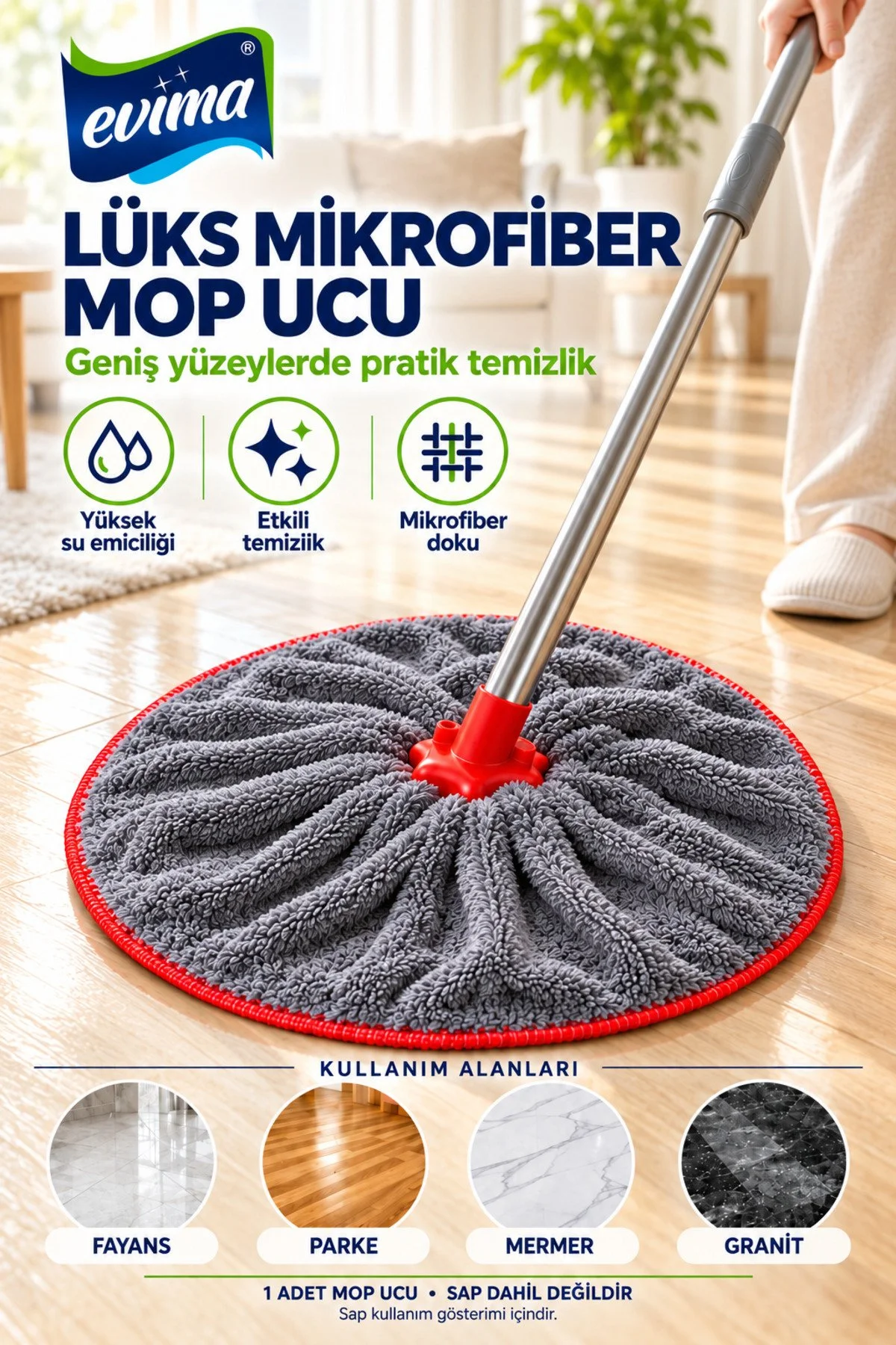 Lüks Mikrofiber Mop Ucu Gri Renk | Profesyonel Temizlik, İz Bırakmaz, Tüm Saplara Uyumlu