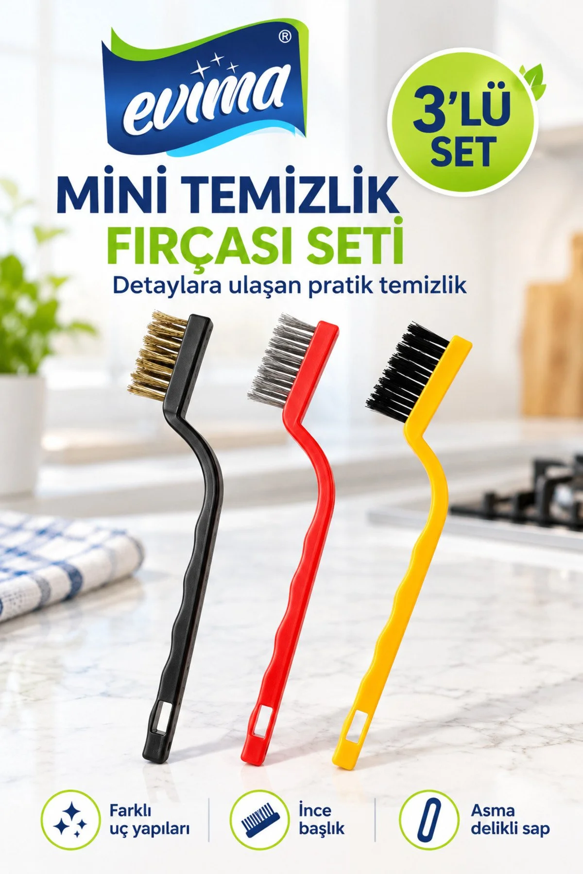 3’lü Mini Temizlik Fırçası | Paslanmaz Uçlu, Yağ ve Ağır Kir Temizleyici Detay Fırça Seti