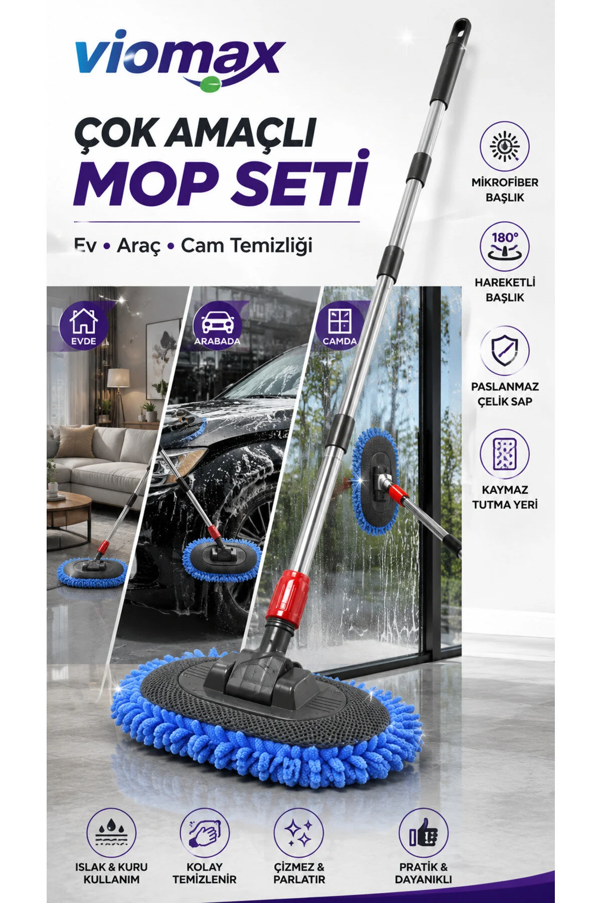 Çok Amaçlı Mikrofiber Mop Seti | Ev, Araç ve Cam Temizleme Fırçası