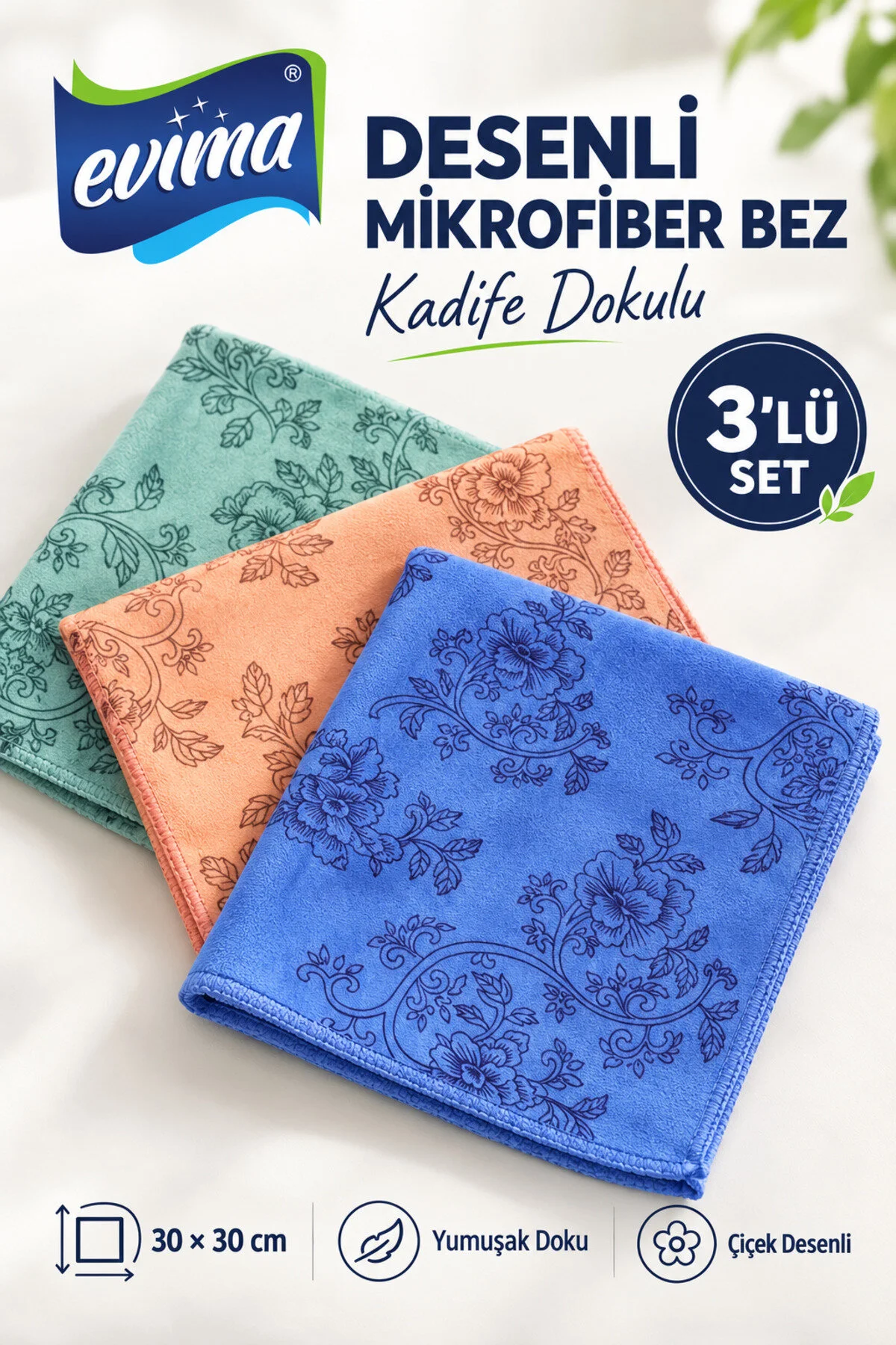 Kadife Dokulu Çiçek Desenli Mikrofiber Temizlik Bezi 3’lü Set – 30 × 30 cm