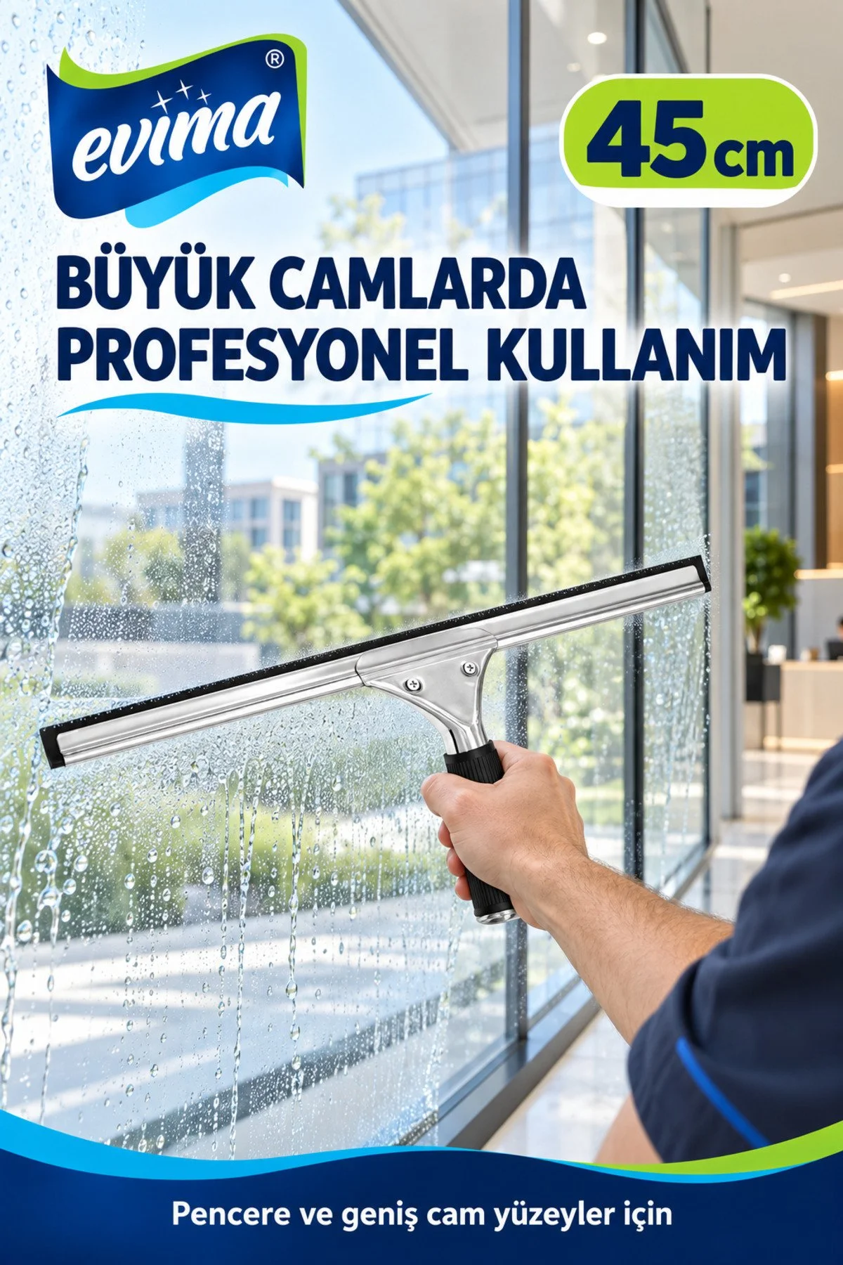 45 cm Profesyonel Metal Cam Çekçeği – Büyük Cam ve Vitrin Temizleme Aparatı