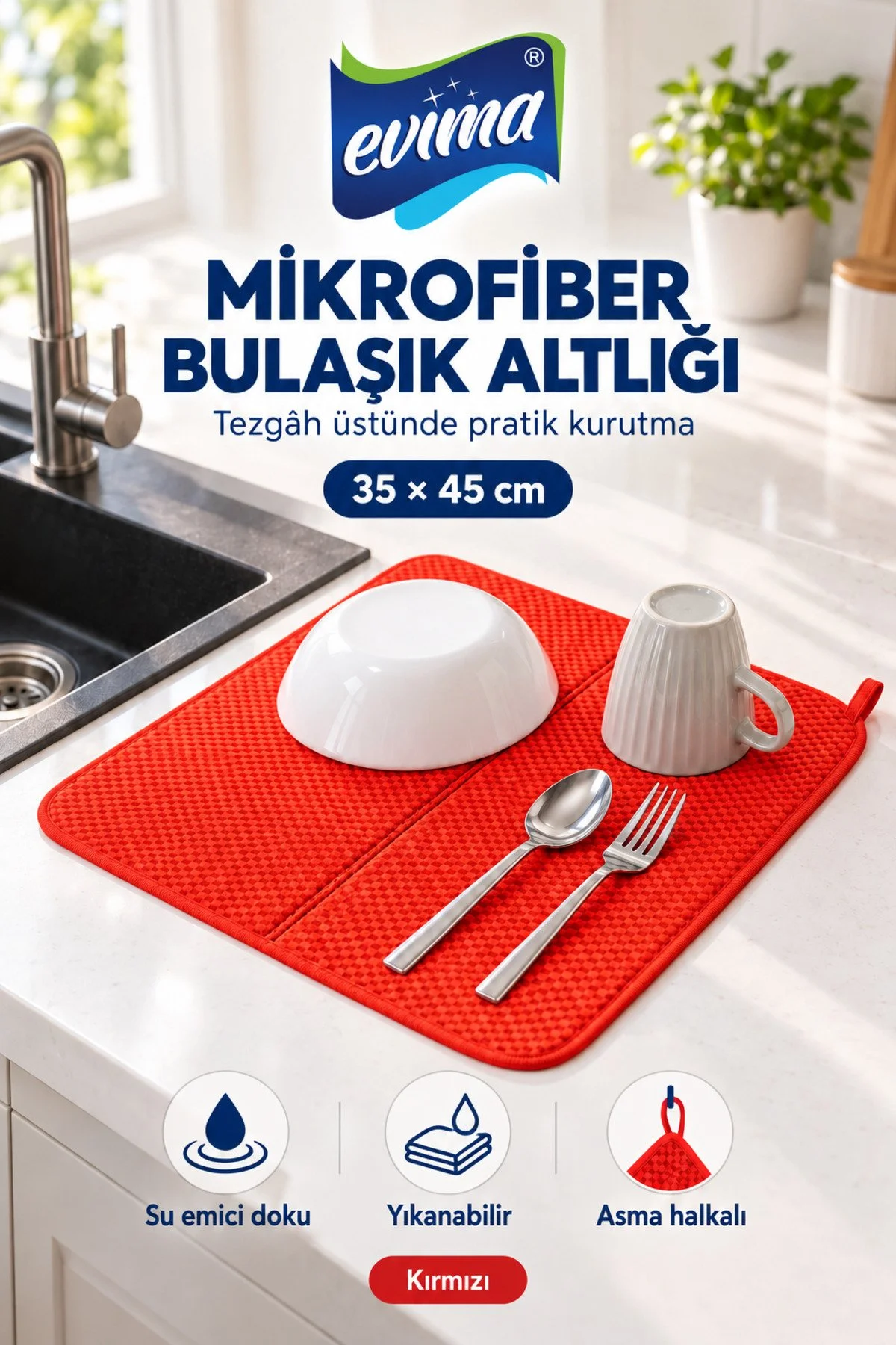 Mikrofiber Bulaşık Altlığı 35x45 cm Kırmızı Su Emici Tezgah Üstü Kurulama Matı