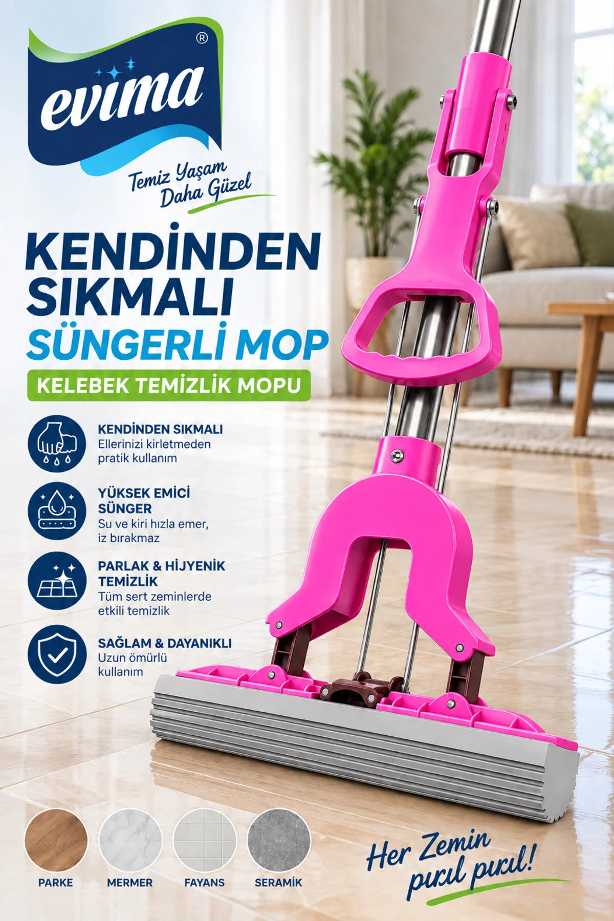 Kendinden Sıkmalı Kelebek Mop Sünger Uçlu Temizlik Mopu
