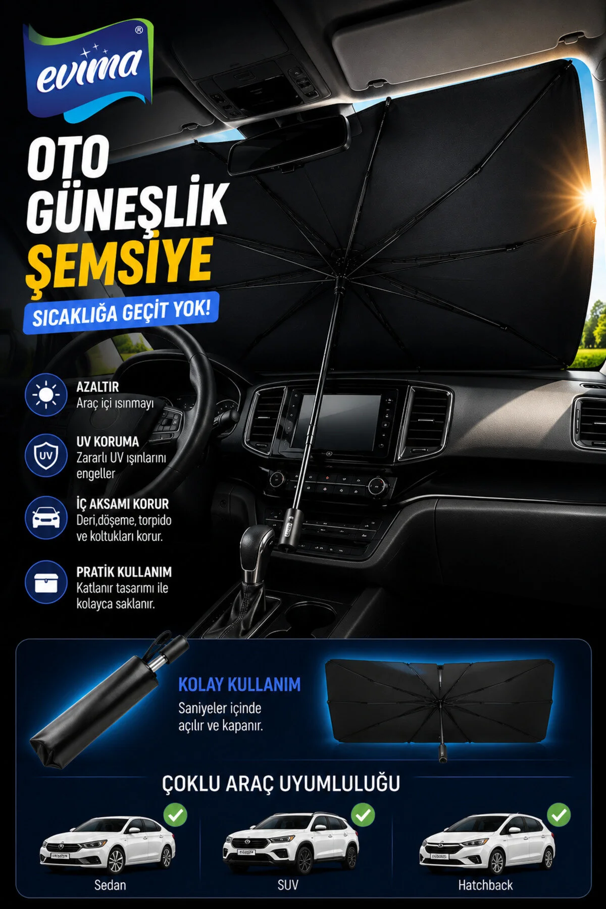 Katlanabilir Oto Güneşlik Şemsiye 75x140 cm UV Korumalı Ön Cam Güneş Koruyucu