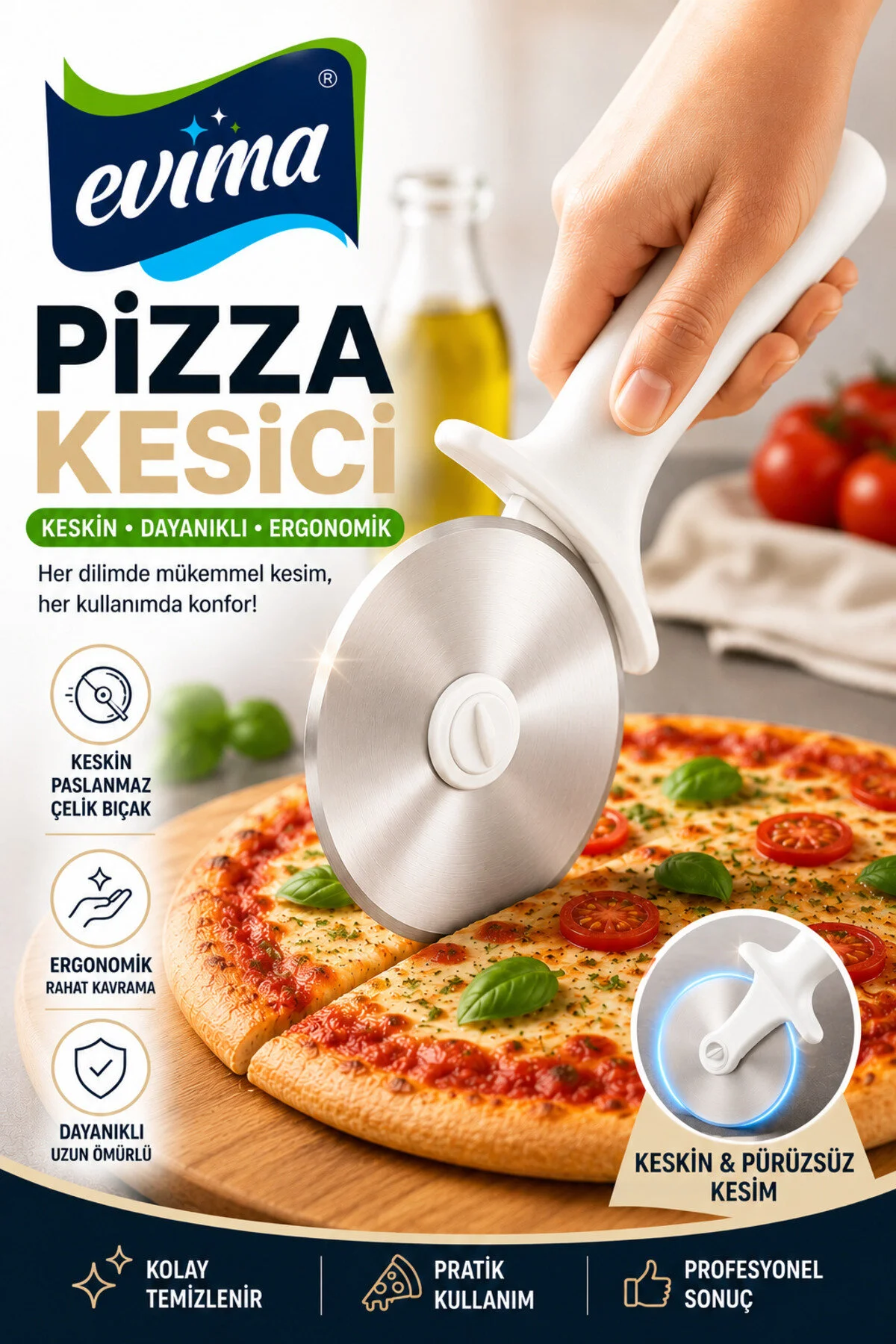 Paslanmaz Çelik Pizza Kesici – Ergonomik Saplı, Koruyucu Kılıflı Profesyonel Pizza Bıçağı