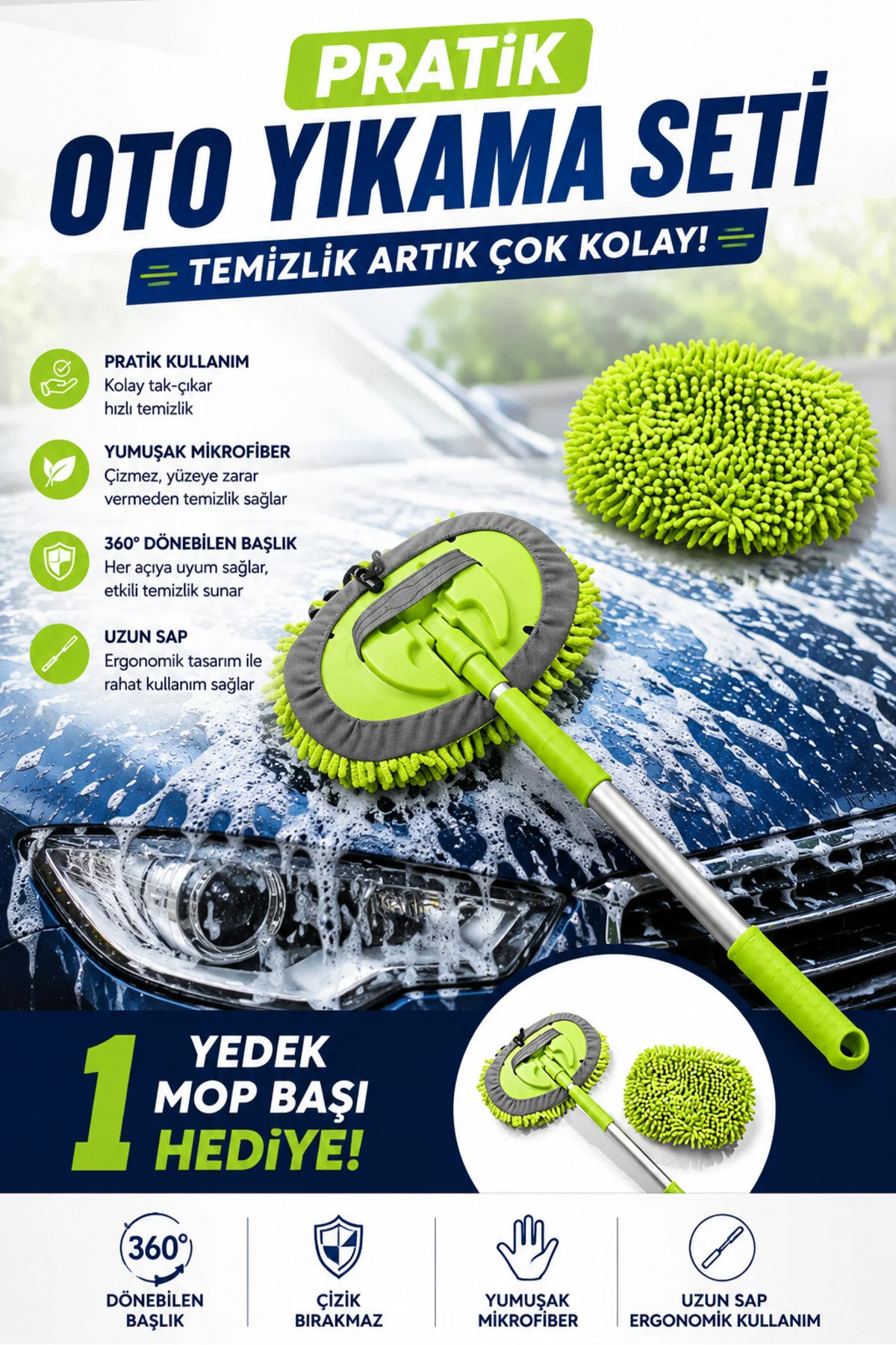 Çok Fonksiyonlu Teleskopik Saplı Oto Yıkama Kurulama Mopu