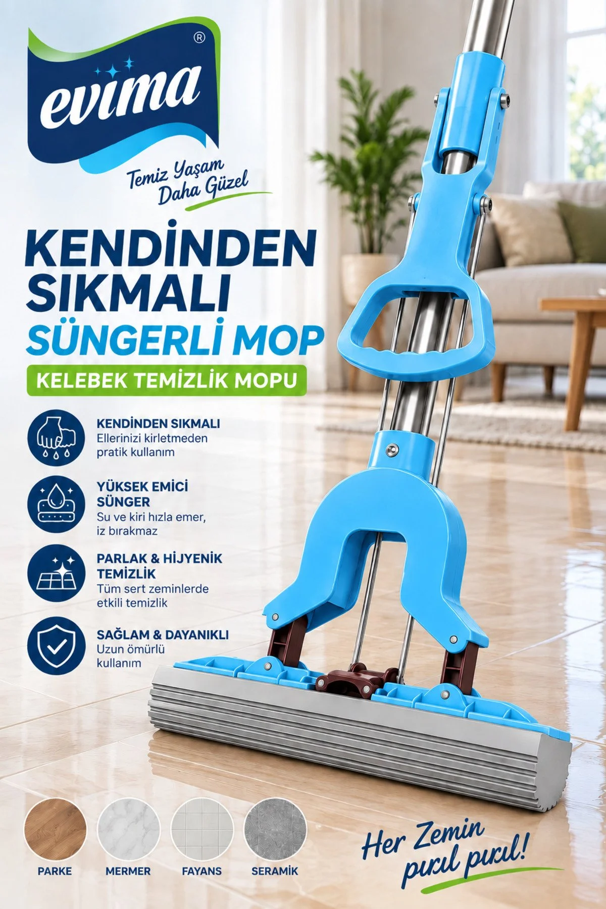 Kendinden Sıkmalı Kelebek Sünger Uçlu Temizlik Mopu