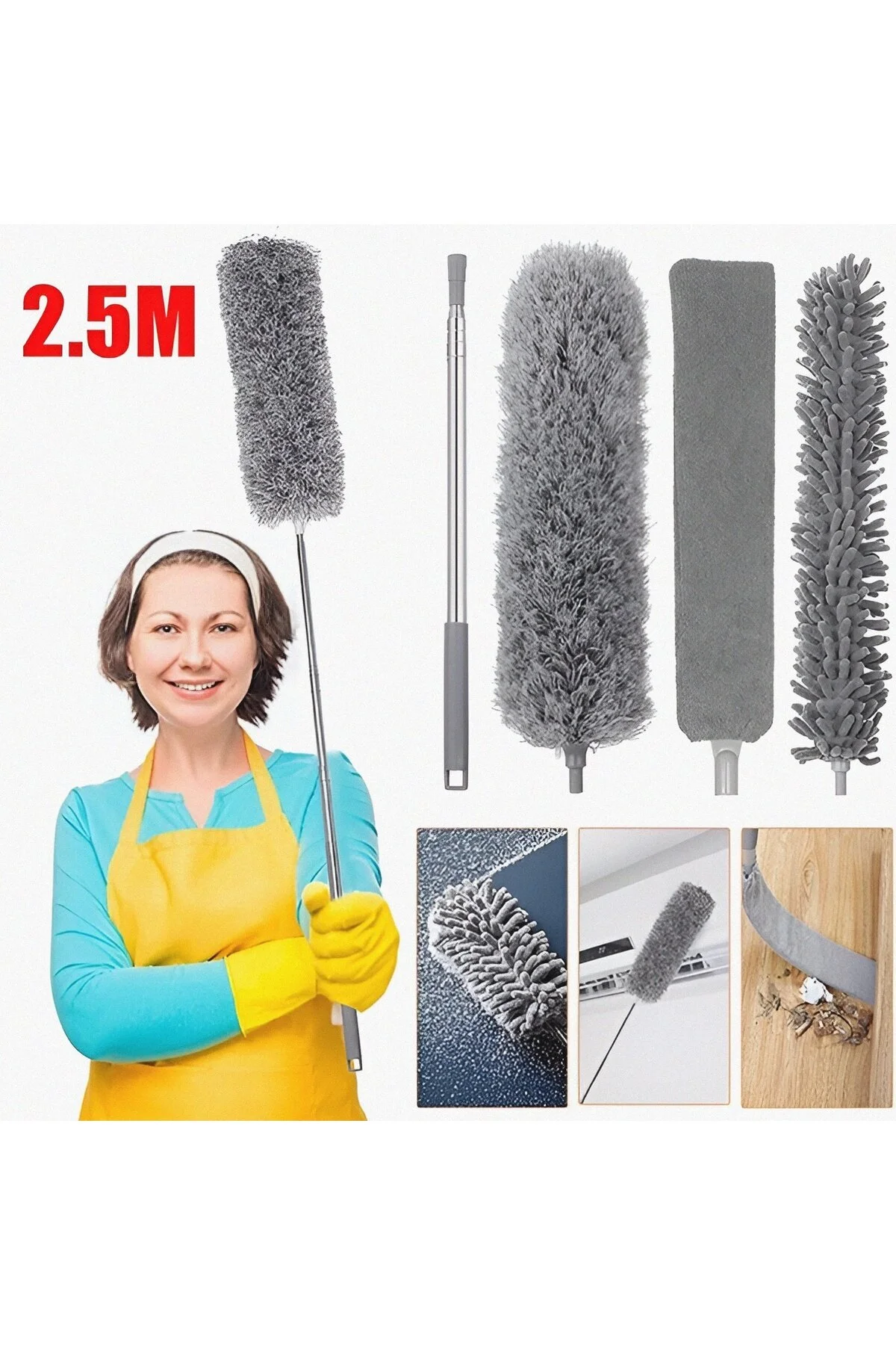 3 Lü Mikrofiber Uçlu Teleskopik Saplı Bonus Uçlu Toz Alma Ince Detay Süpürge Detay Fırça