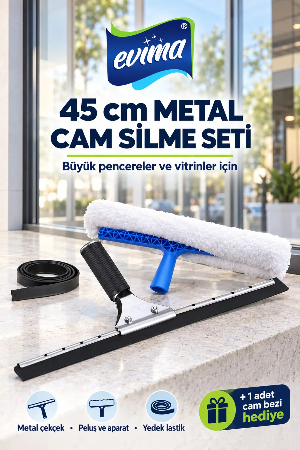 45 cm Profesyonel Metal Cam Silme Seti – Peluş, Aparat, Yedek Lastik