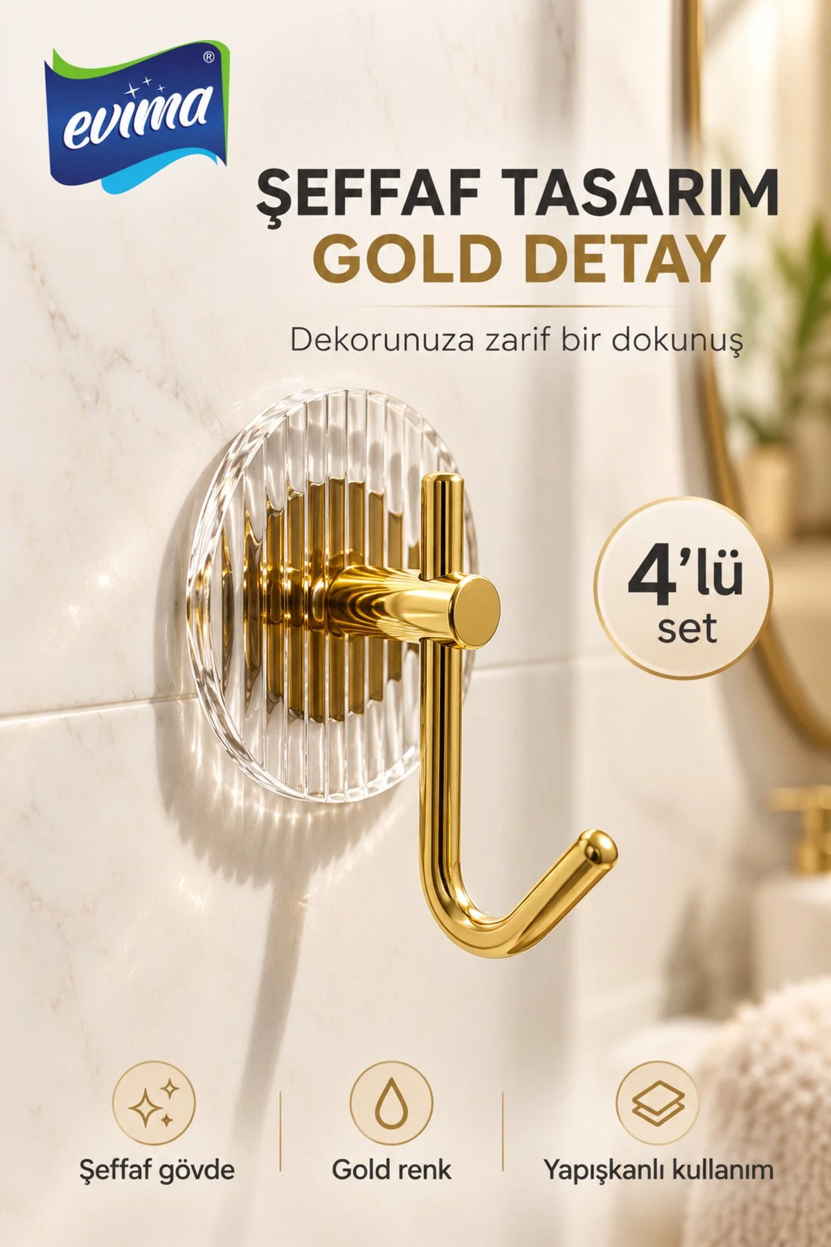 4 Adet Gold Renk Yapışkanlı Banyo Ve Mutfak Için Şeffaf Askılık