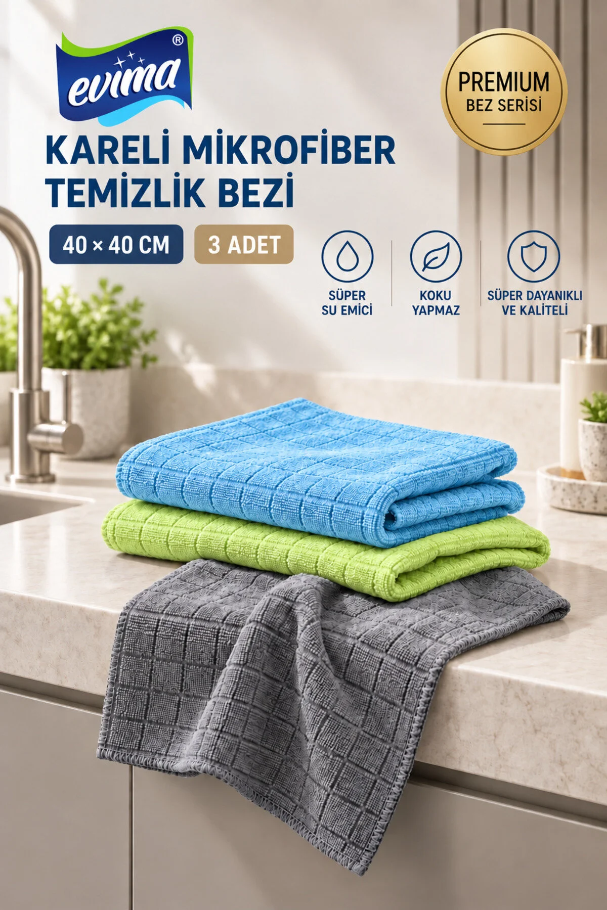 EVima 3 Adet Güçlü Su Emiş Leke Bırakmayan 40×40 Genel Temizlik Bezi