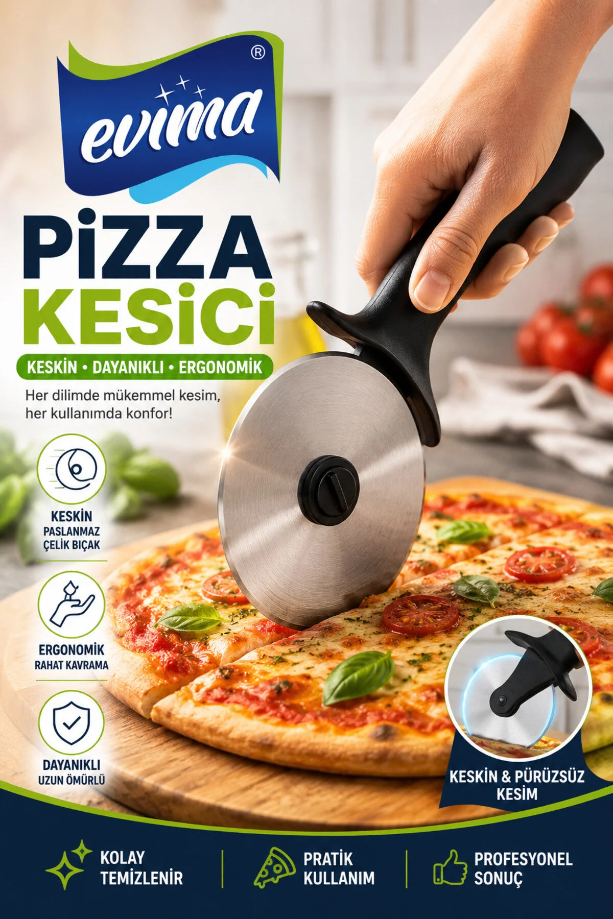 Paslanmaz Çelik Pizza Kesici – Ergonomik Saplı, Koruyucu Kılıflı Profesyonel Pizza Bıçağı