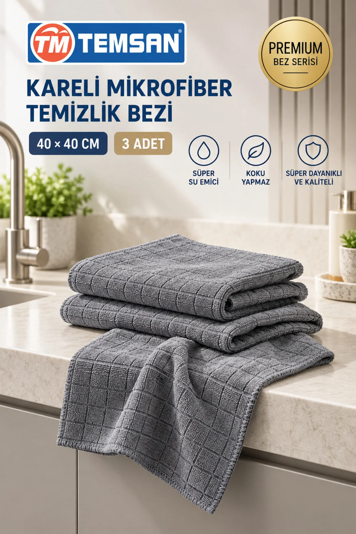 TEMSAN 3’lü Kareli Mikrofiber Temizlik Bezi 40x40 cm Gri Mutfak ve Genel Temizlik Bezi