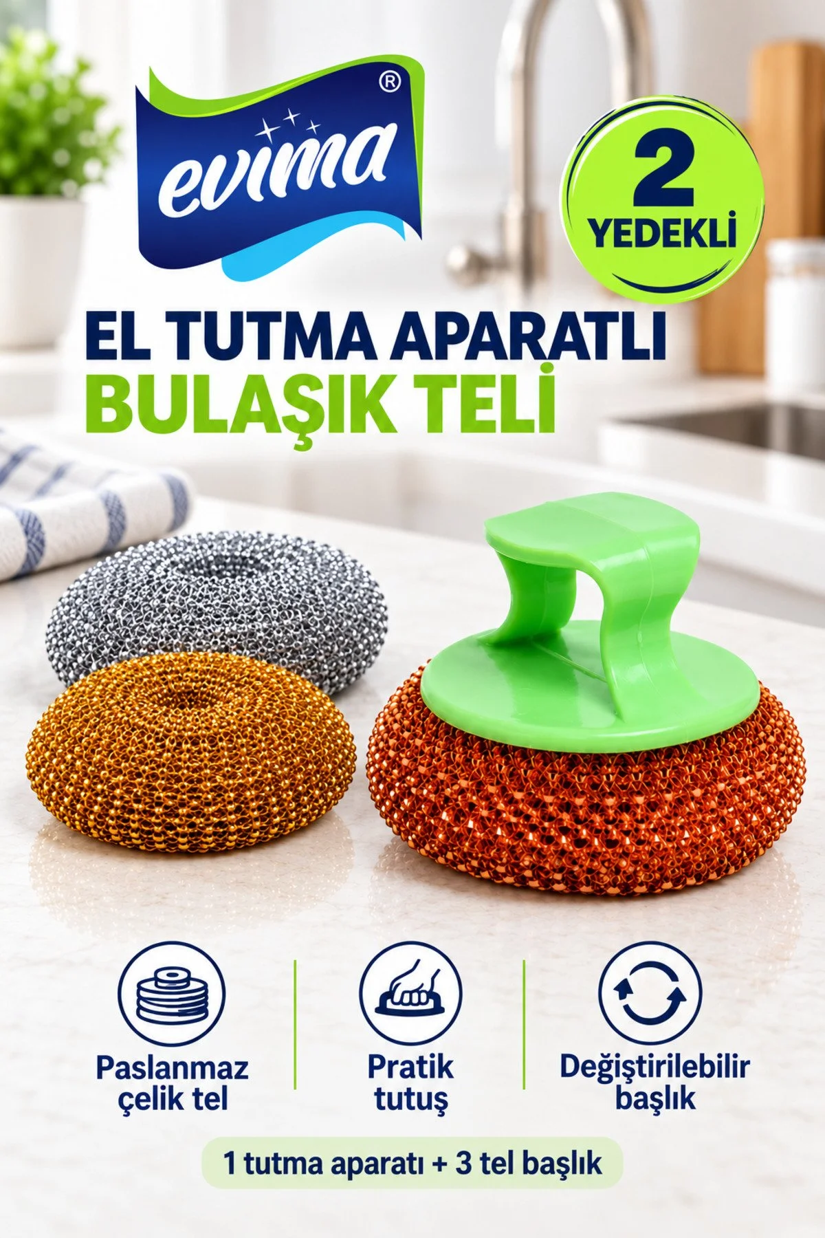 Paslanmaz Çelik Tel El Tutma Aparatlı 2 Yedek Telli Bulaşık Yıkama Teli Fırçası