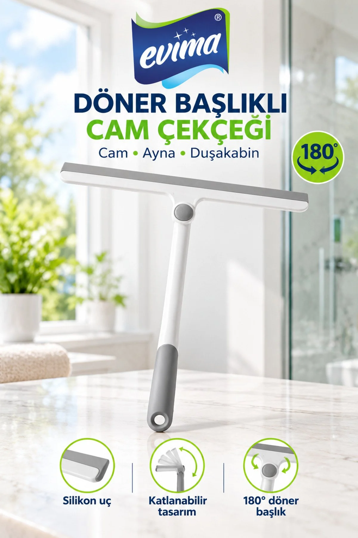 Katlanabilir Silikon Uçlu 180 Derece Dönebilen Cam Silme Aparatı Ayna Duşa Kabin Silme Aparatı
