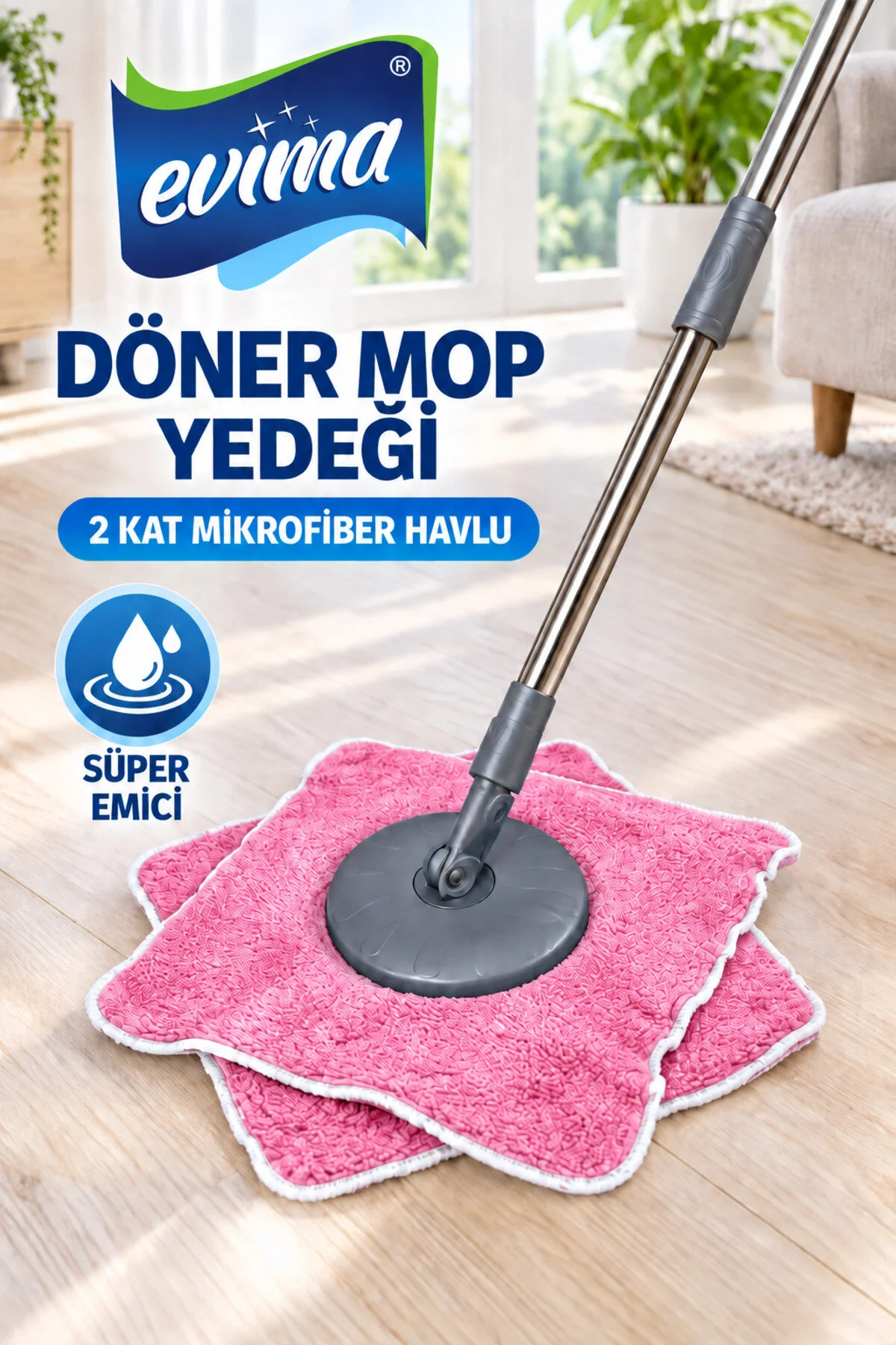 Döner Mop Yedeği 2 Kat Mikrofiber Havlu Süper Emici Mop Ucu Pembe Renk