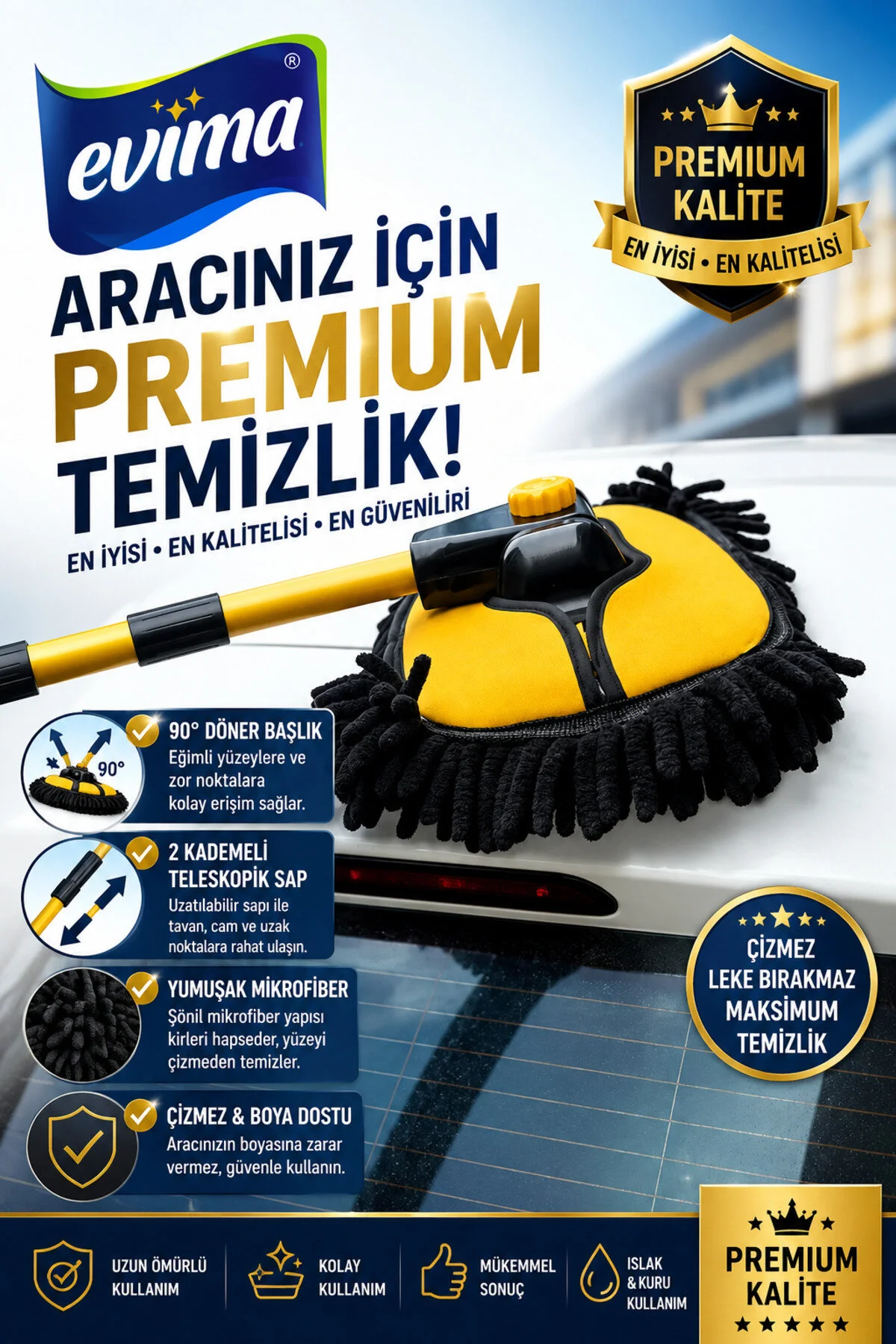 Premium Araç Yıkama Fırçası 90° Döner Başlıklı Teleskopik Mikrofiber Oto Temizlik Mopu