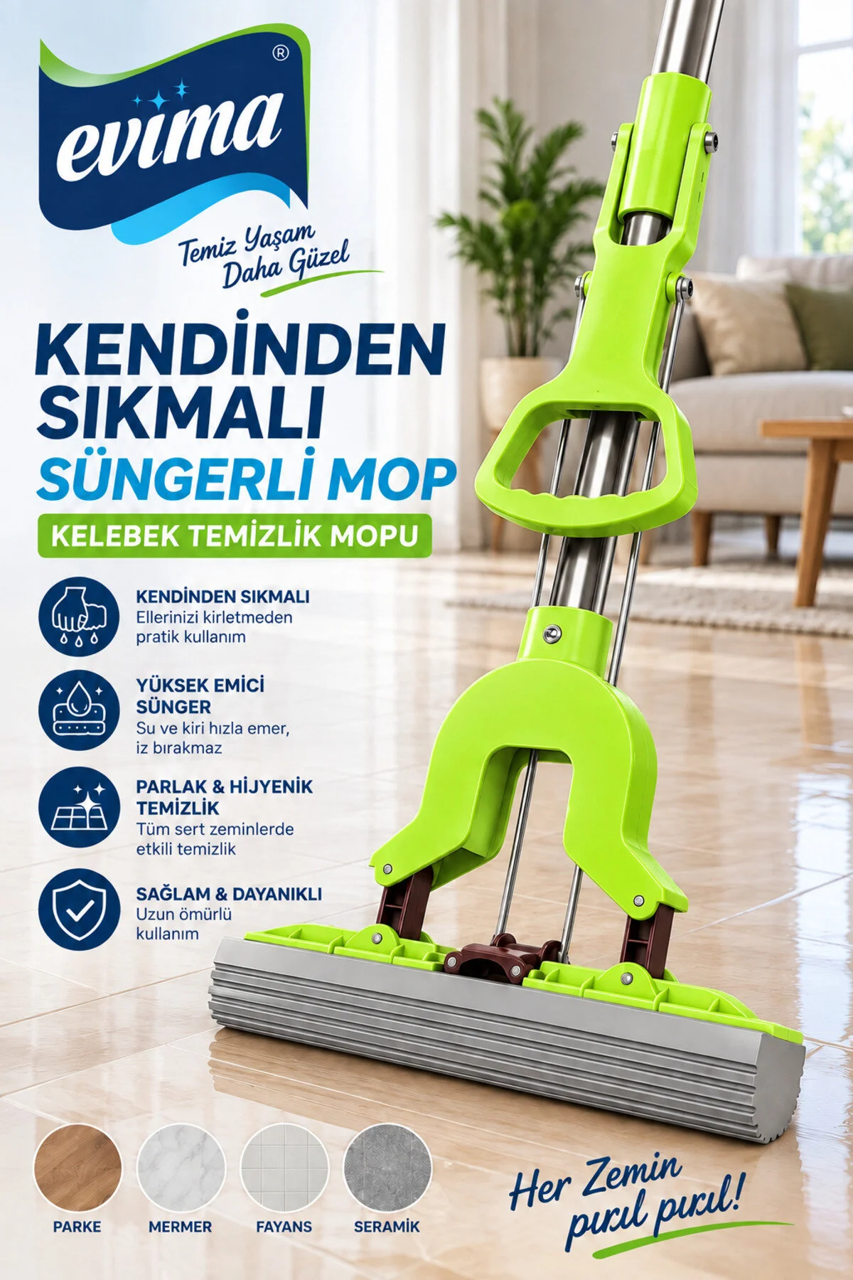 Kendinden Sıkmalı Süngerli Mop Kelebek Temizlik Mopu