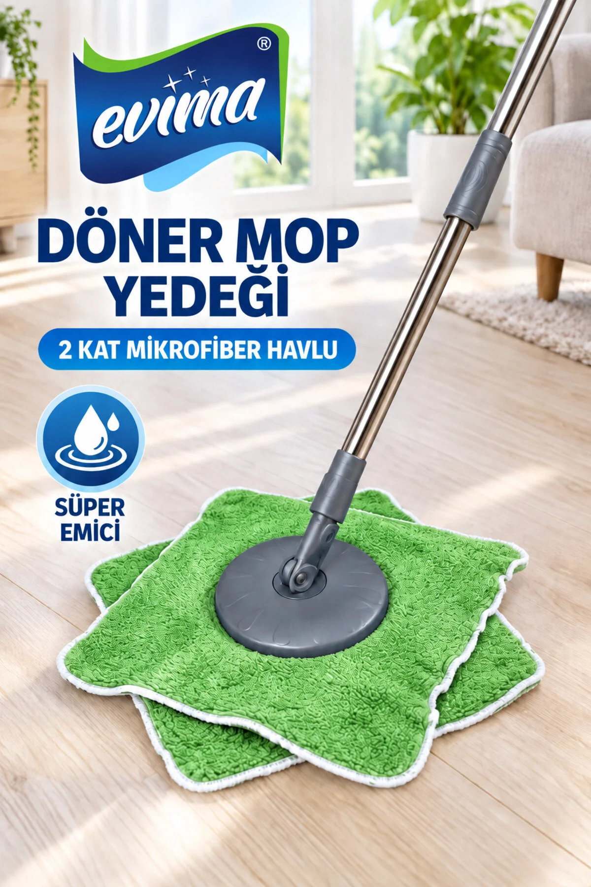 Döner Mop Yedeği 2 Kat Mikrofiber Havlu Süper Emici Mop Ucu Yeşil Renk