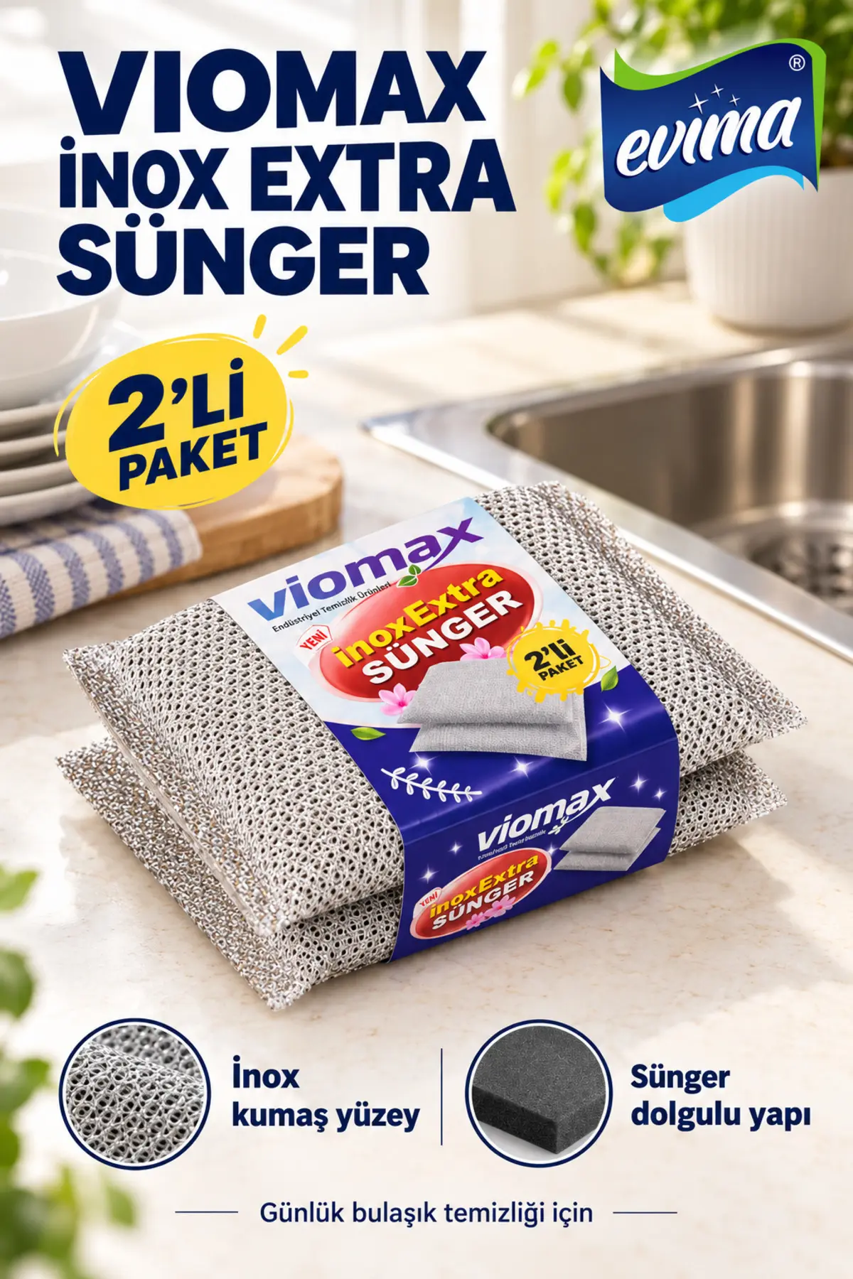 İnox Extra Bulaşık Süngeri 2’li – İnox Kumaş Kaplı, Sünger Dolgulu