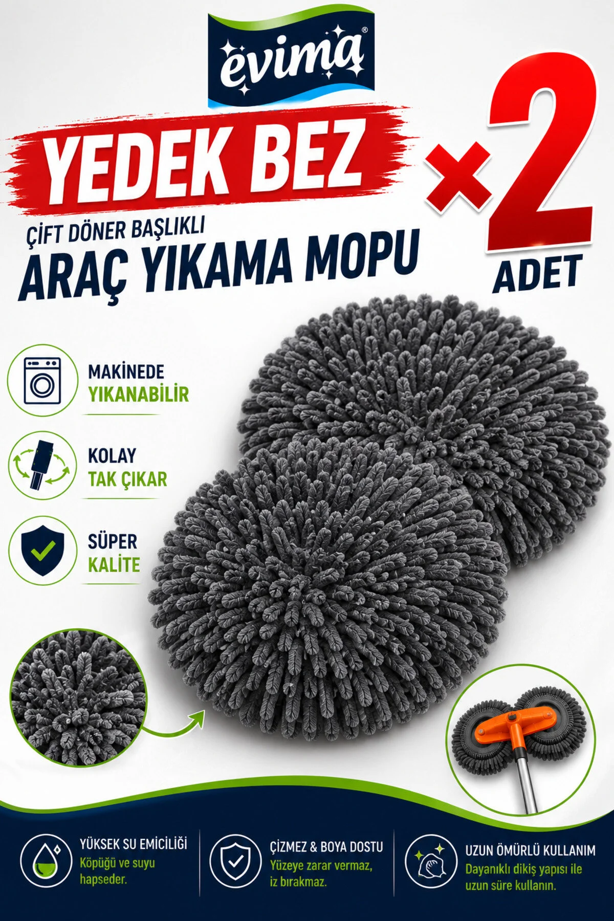 Çift Döner Araç Yıkama Mopu Yedek Mikrofiber Bez 2'li Paket