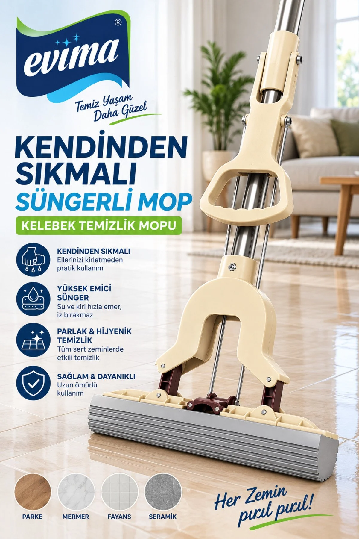 Kendinden Sıkmalı Süngerli Mop Kelebek Temizlik Mopu