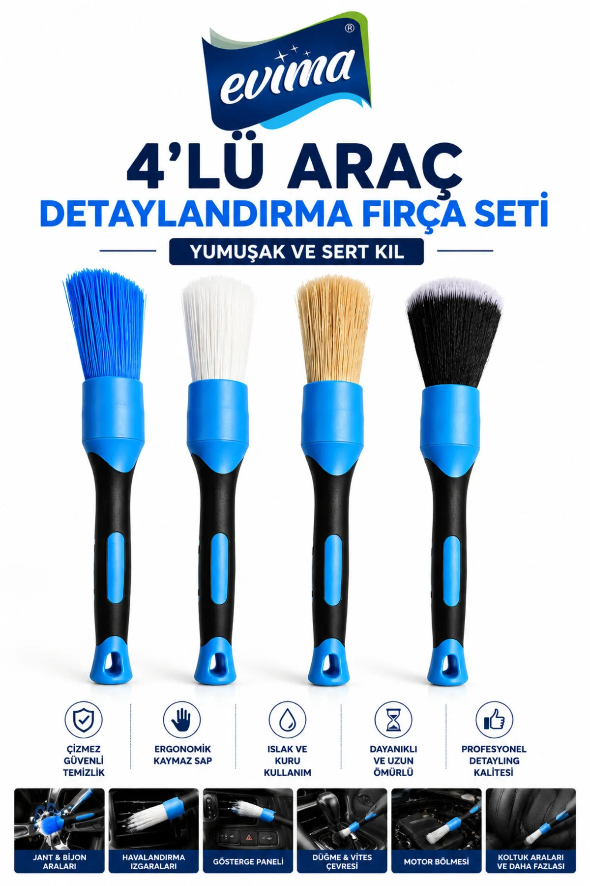 Premium Oto Detay Fırça Seti 4 Parça İç Dış Temizlik Jant Motor ve Konsol Fırçaları