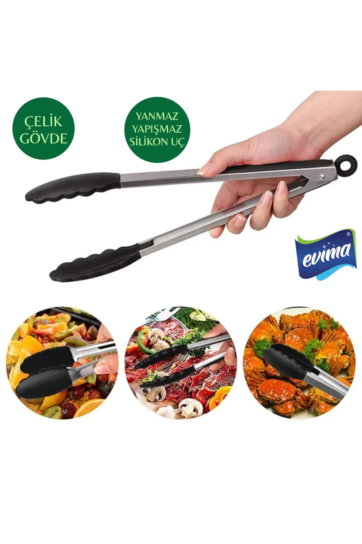 Siyah Silikon Uçlu 23 Cm Servis ve Mangal için Mutfak Maşası