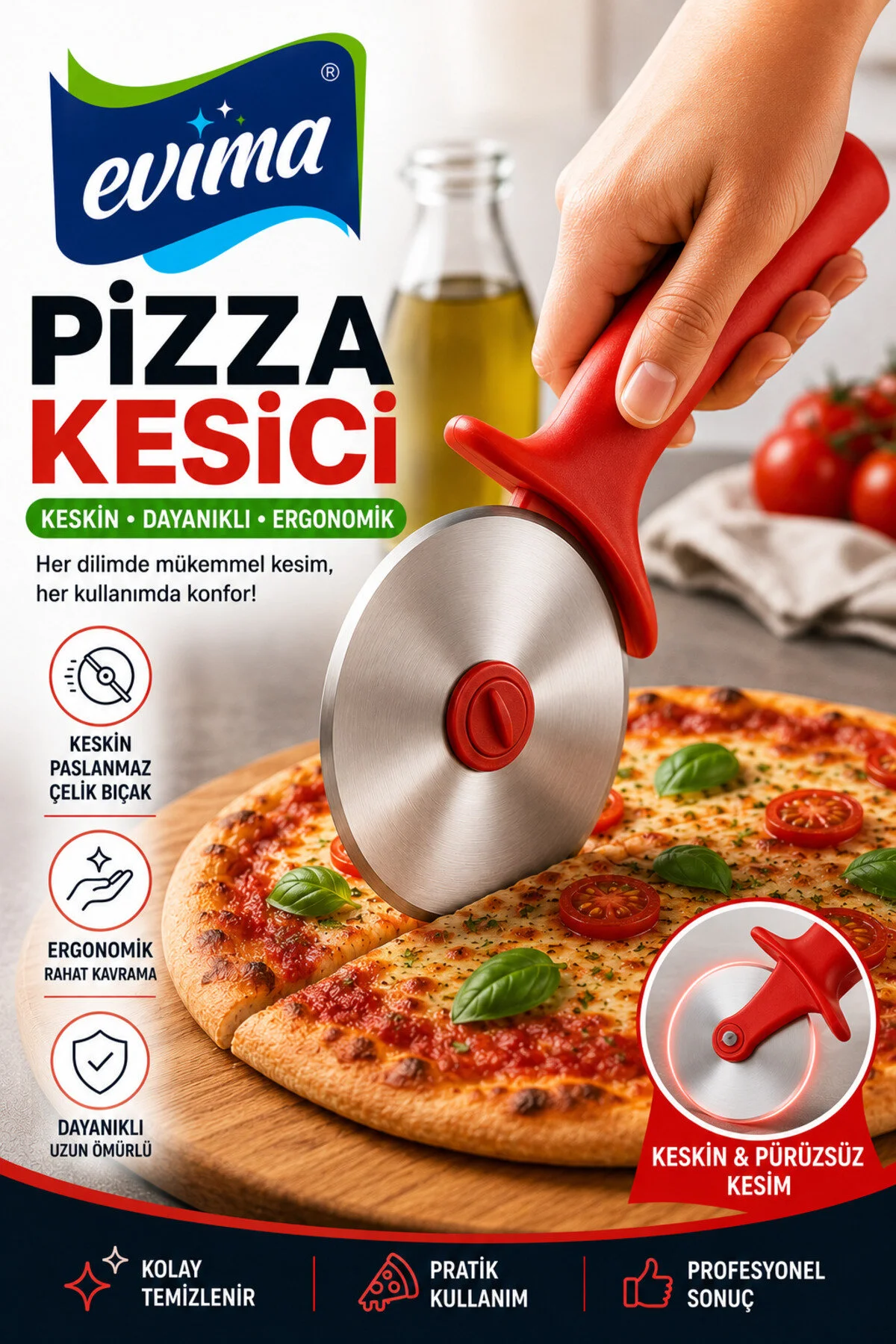 Paslanmaz Çelik Pizza Kesici – Ergonomik Saplı, Koruyucu Kılıflı Profesyonel Pizza Bıçağı