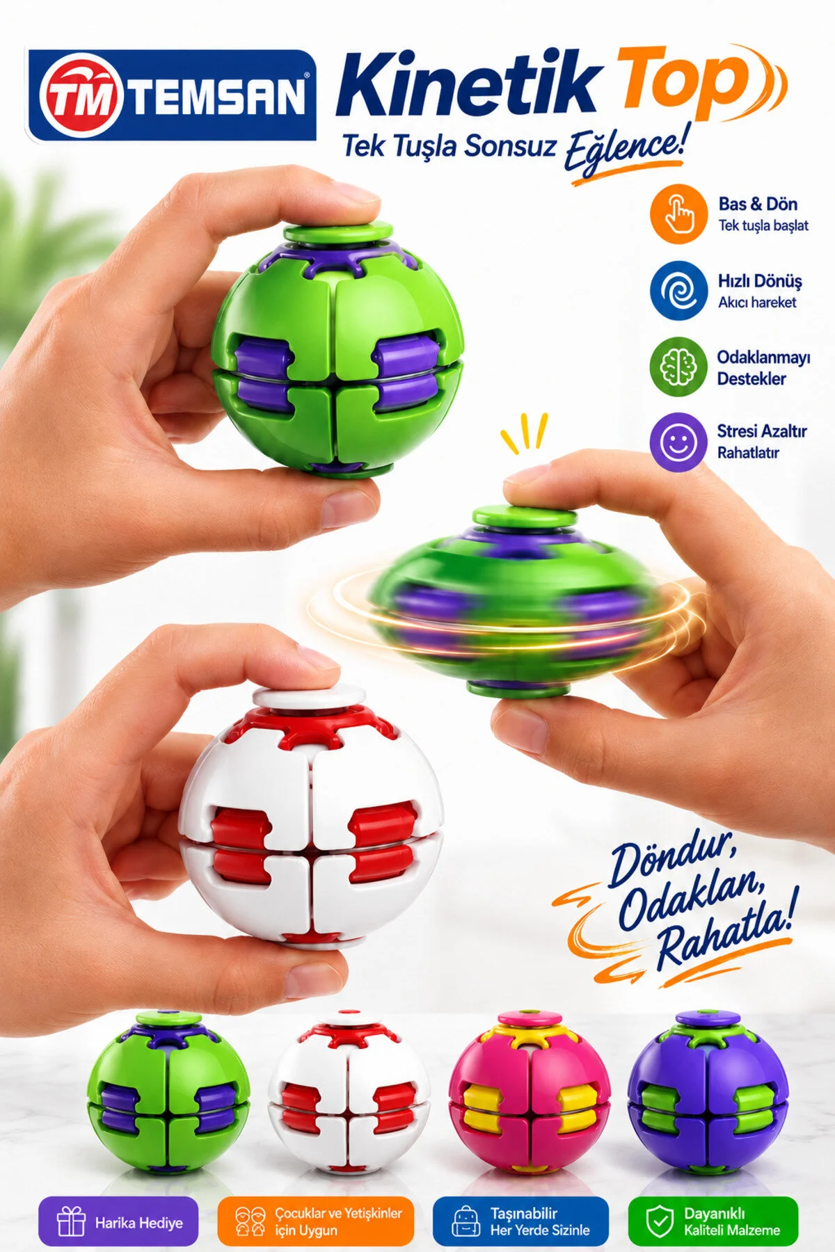 Kinetik Basmalı Dönen Top Tek Tuşlu Renkli Fidget El Oyuncağı