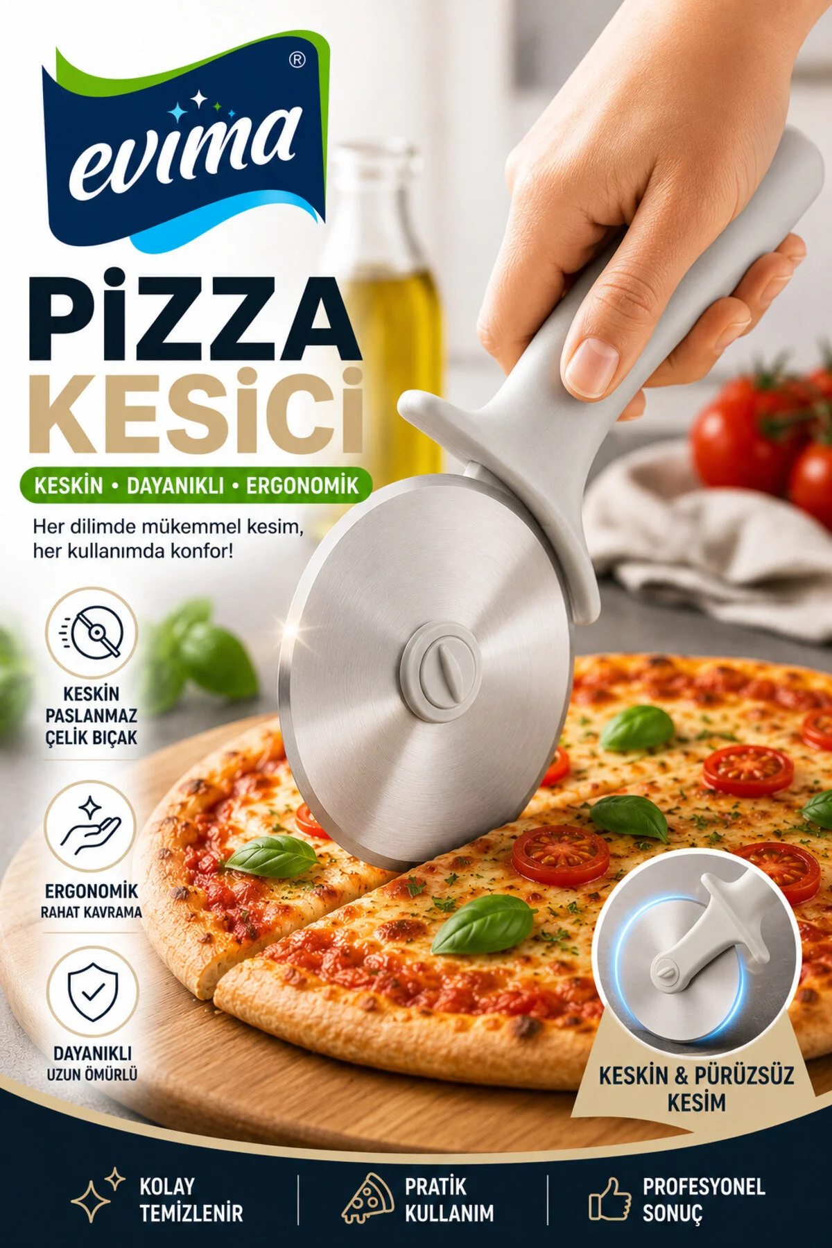 Paslanmaz Çelik Pizza Kesici – Ergonomik Saplı, Koruyucu Kılıflı Profesyonel Pizza Bıçağı