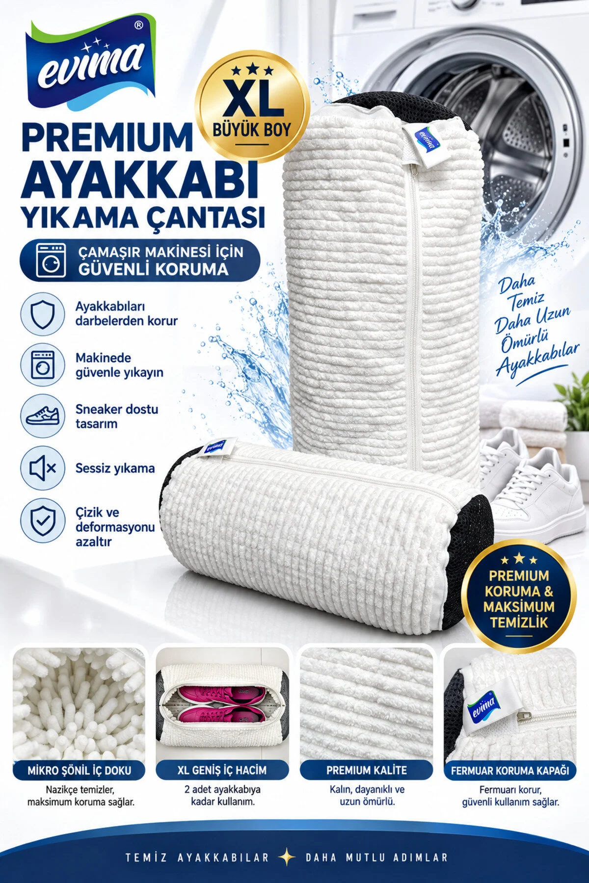 Ayakkabı Yıkama Çantası Fermuarlı Beyaz Mikrofiber Koruyucu Çamaşır Filesi